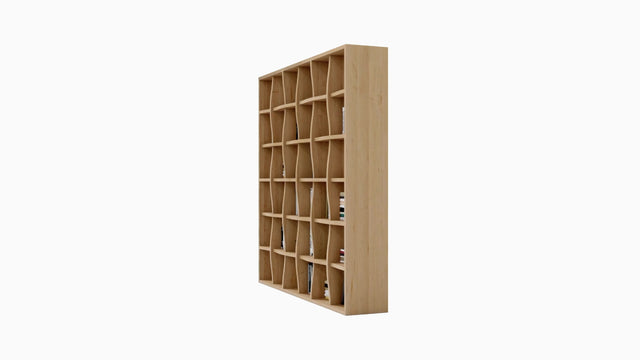 The shelves and vertical supports of the Weave bookcase appear to interlace, becoming most apparent when viewed from the side.