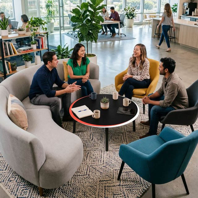 A group of colleagues sit in a semi-circle huddled around a Stacked coffee table in a modern, sunlit office communal area. The table has a black tabletop surface, a red middle surface and a white lower surface.