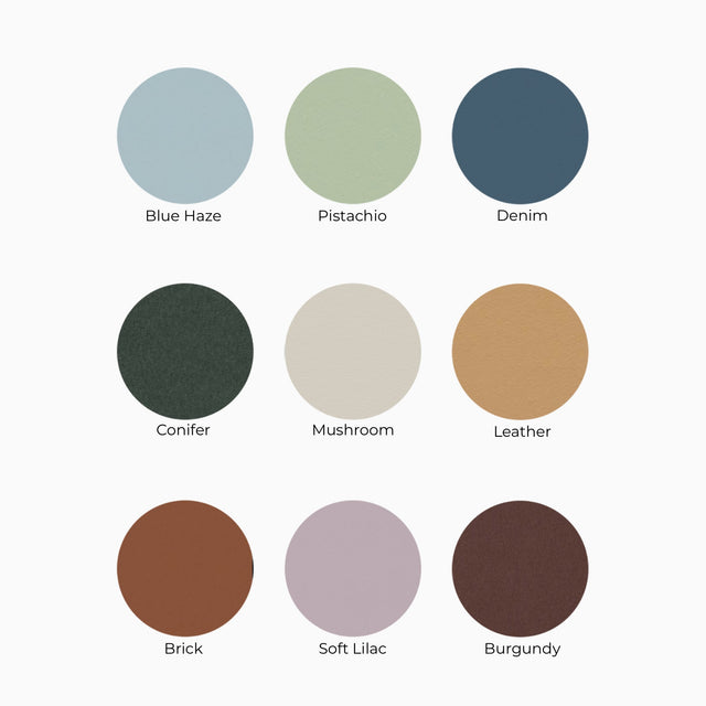 Blossom's tabletop colour options: Blue Haze, Pistachio, Denim, Conifer, Mushroom, Leather, Brick, Soft Lilac, Burgundy.