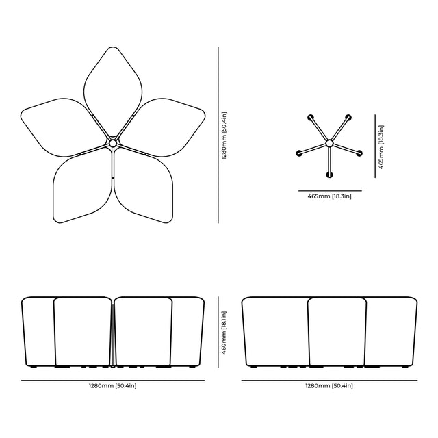 Blossom Seating System with Docking Base technical drawing and dimensions.