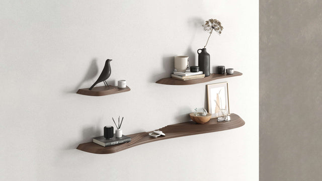 The 3 sizes of the Terrace wall shelves. Their carved terraces form platforms, at different heights, for a unique aesthetic.