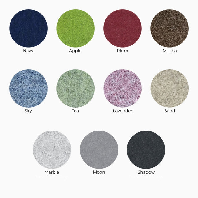 The six standard colour options for the Flutter Acoustic Suspension Panels are Dove, Sulphur, Salmon, Aquamarine, Anthracite and Silver.The six standard colour options for the Flutter Acoustic Suspension Panels are Dove (medium grey), Sulphur (yellow), Salmon (pink), Aquamarine (teal), Anthracite (dark grey) and Silver (light grey).