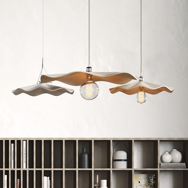 Flutter suspension panels and pendant lights in bespoke beige and off-white colours.