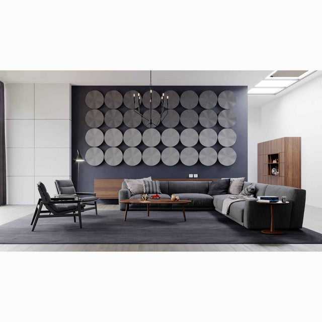 A series of Flutter Acoustic Wall Panels installed in a simple 8 x 4 linear grid pattern in a modern living space.