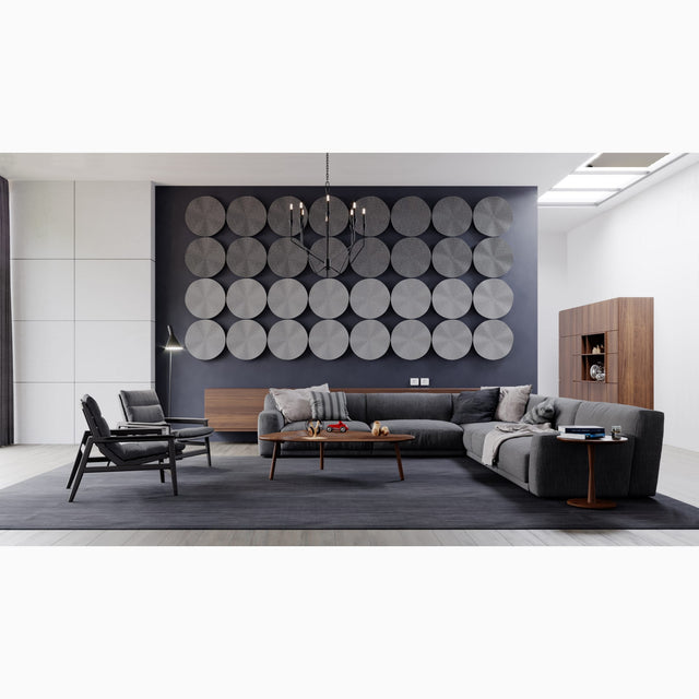 A series of Flutter Acoustic Wall Panels installed in a simple 8 x 4 linear grid pattern in a modern living space.