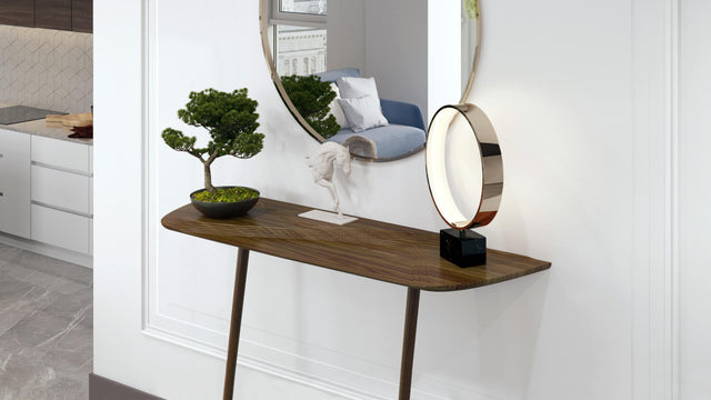 The 4 platforms across the top of the Terrace console table allow items to be displayed in an elegant and unique manner.