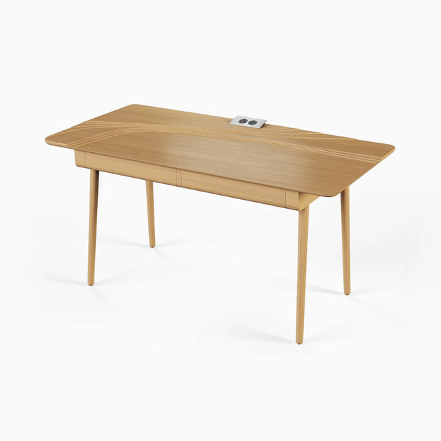 The Terrace Desk in Oak, with an optional desktop power module which includes 2 sockets and USB ports.