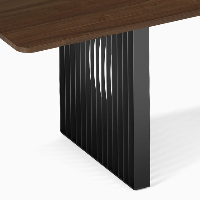 Close-up of Phantom dining table's slatted steel base.