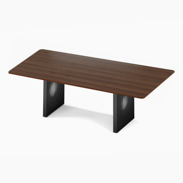 Phantom dining table with solid walnut tabletop and black steel base.