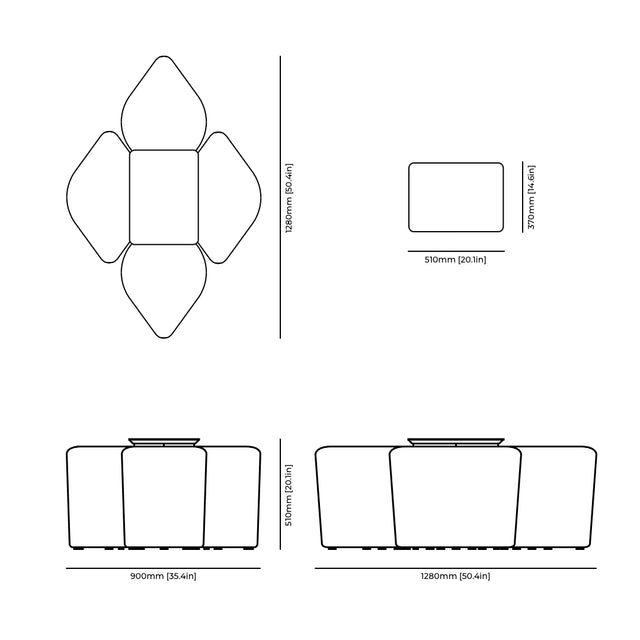 Rhombic Seating System with Table technical drawing and dimensions.