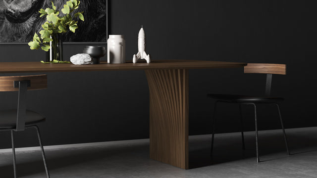 Sheer is the understated, pared back sibling of the Veer dining table. Its elegant legs are made from curved slats of wood.