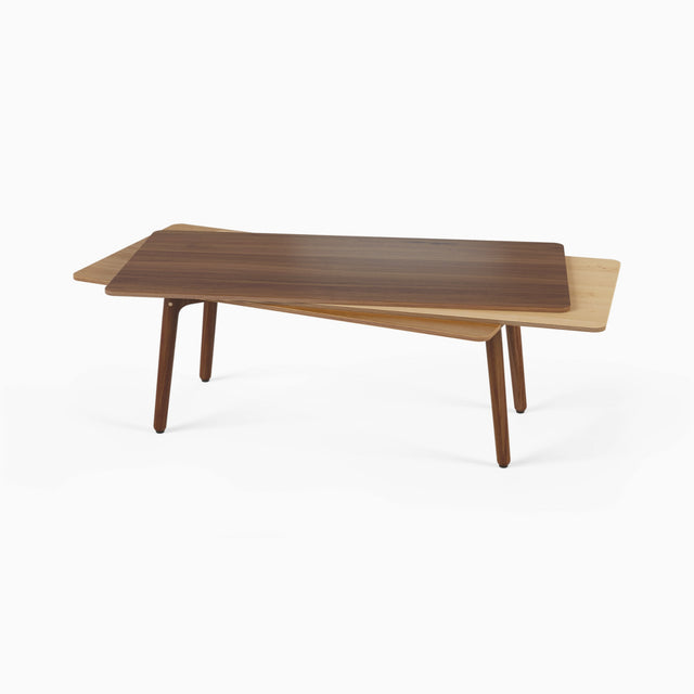 The Stacked coffee table in wood. This version consists of a Walnut tabletop layer, Maple middle layer and Oak bottom layer.