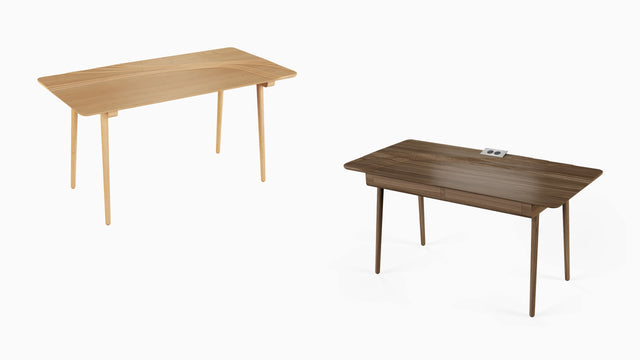 Two versions of the Terrace Desk. Options include wood type, drawers, desktop power sockets & hidden wireless phone charger.