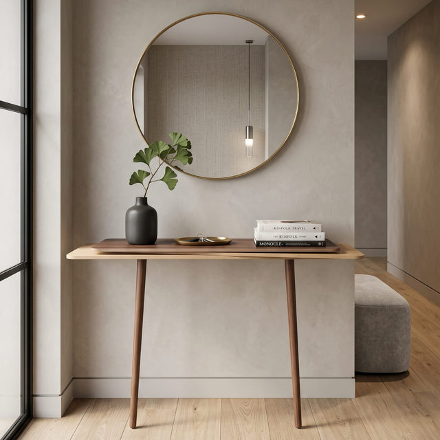 A Stacked console table embellishes a minimalist hallway with a round gold-framed mirror and stonewashed walls. The console has a Walnut upper surface, an Oak middle and an Ash lower.