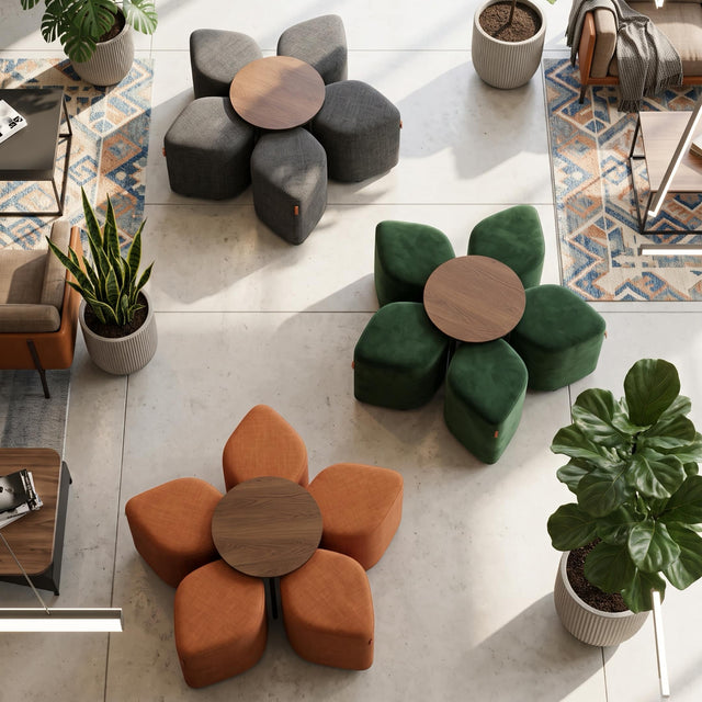 Plan view of a common area in a commercial venue, where three Blossom seating systems with table are neatly arranged and ready for use.