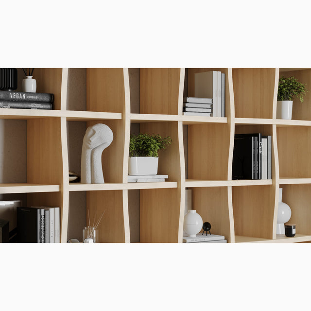 At close quarters the deceivingly simple woven structure of this solid Oak Weave bookcase can be fully appreciated.