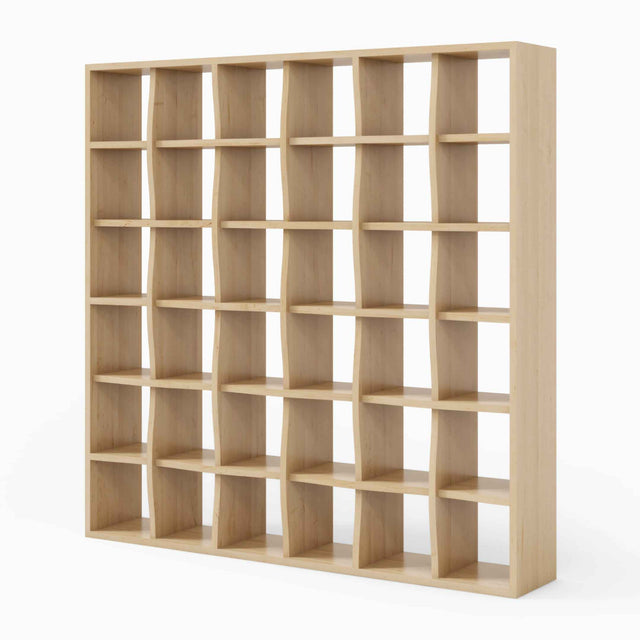 Weave bookcase in maple, showing its interlacing shelf pattern.