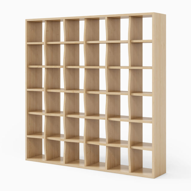 Weave bookcase in maple, showing its interlacing shelf pattern.
