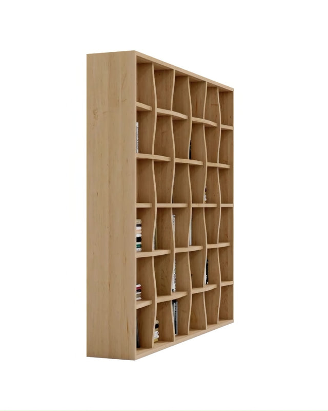 The front view of the Weave bookcase sees the vertical supports and shelves appear to interlace, much like woven structures.