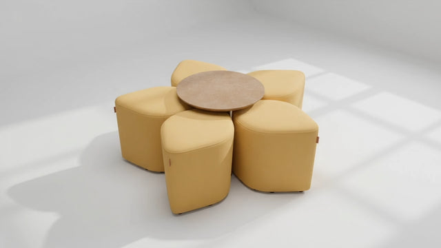 In this Blossom Seating System, five yellow poufs are neatly stowed under the table, creating a 5-petal flower shape.