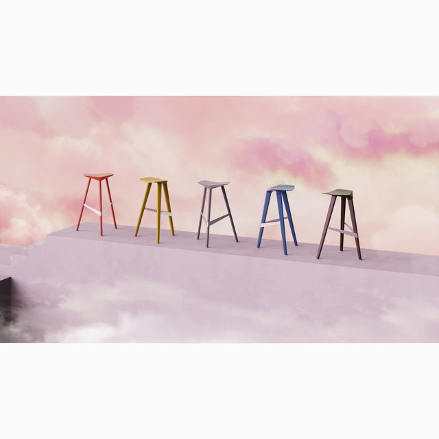 The Delta bar stool in 5 different colourways. The solid Oak version can be stained in any colour desired.