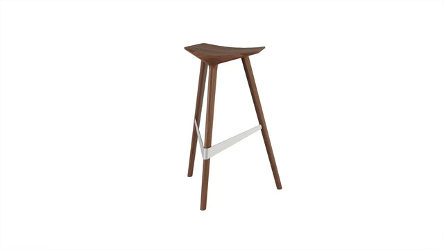 A Delta bar stool in solid walnut, with a brushed stainless steel footrest.