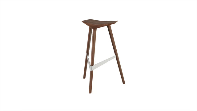A Delta stool in solid walnut, with a brushed stainless steel footrest.