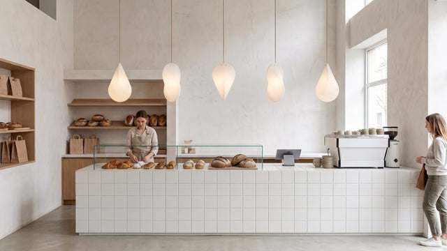Five Oh Lloyd! pendant lights line up over a counter in a bakery. Each light is installed at a different orientation, thus displaying different profiles of the Oh Lloyd's unique form.