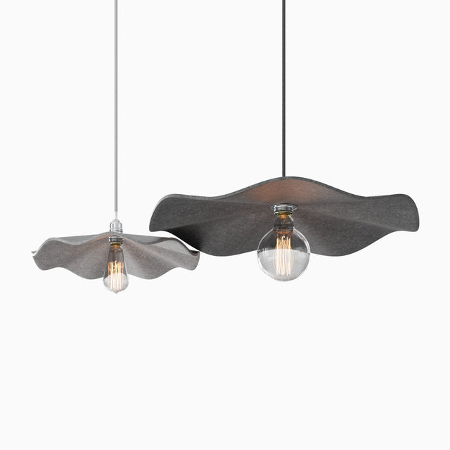 Medium and large Flutter acoustic pendant lights in light grey and dark grey.