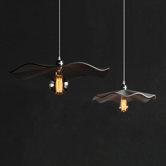 Large and medium Flutter sound absorbing pendant lights with squirrel cage Edison bulbs.