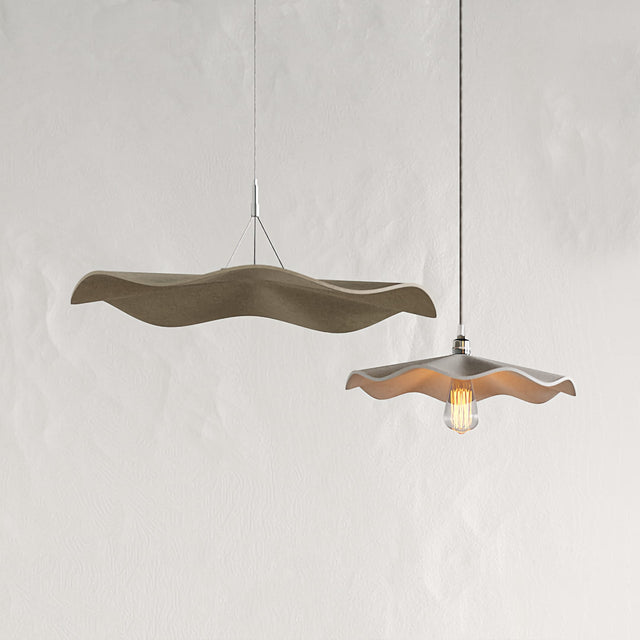 Bespoke, large, light brown Flutter suspension panel, and medium, beige pendant light.