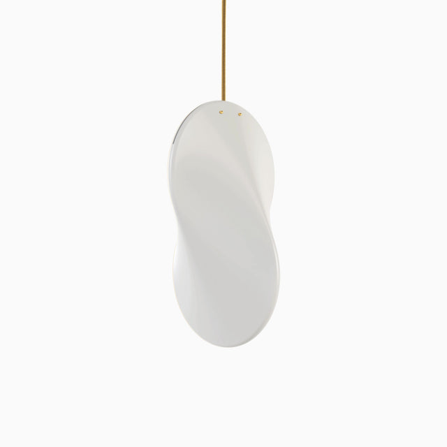 The fluidic, twisting form of the Oh Lloyd pendant light, with gold fabric cable flex and brass fixing studs.