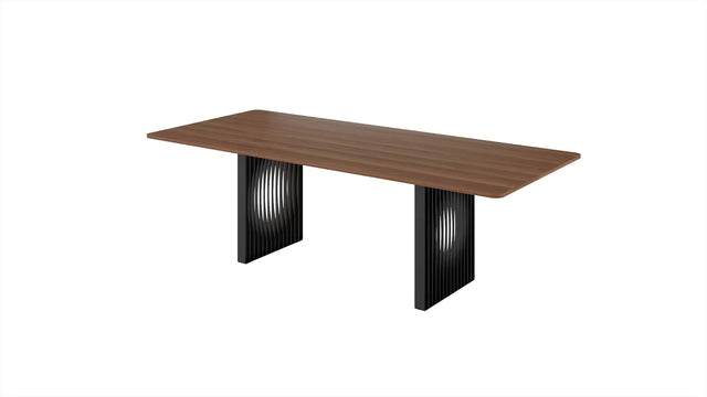 A 10-seater Phantom dining table with a luxurious solid Walnut tabletop & two black powdered-coated steel bases.
