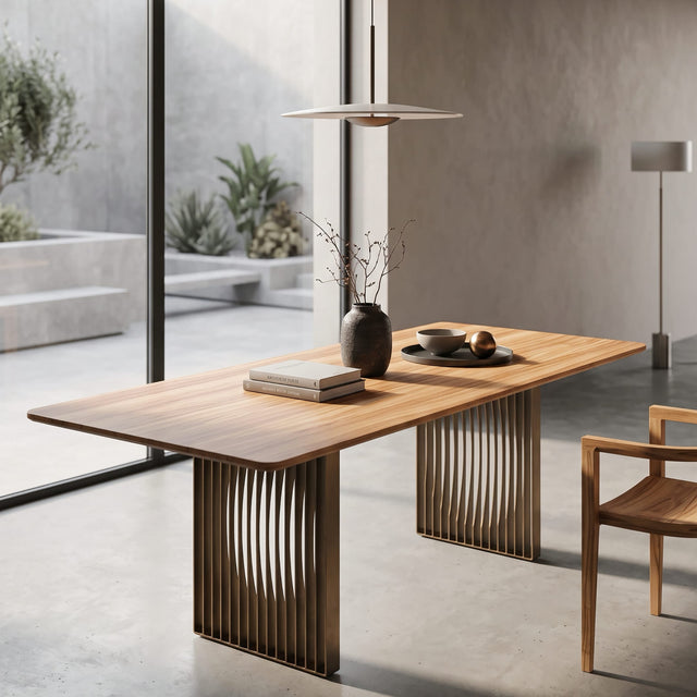 The Phantom dining table with gold base and an Oak tabletop features in an ultra-modern open-plan living space.