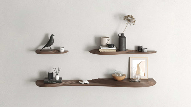 The Terrace wall shelves, with their different shapes and platforms, each offer a novel way to hold and display decorations.