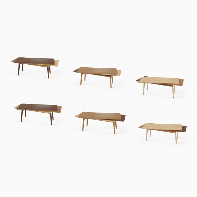 The Stacked coffee table is available in 6 variations, each using a different combination of wood for the tabletops and legs.