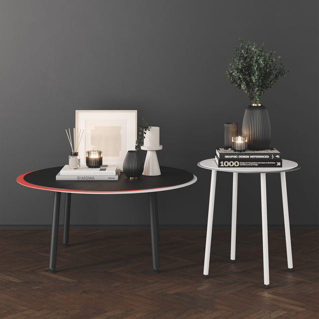 The steel Stacked coffee and side tables, side-by-side. Both are suitable for residential and commercial environments.
