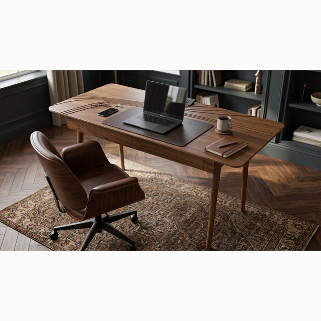 A Walnut version of the Terrace Desk with drawers furnishes a traditional-styled home office. The desk drawers are closed, but the terraces carved from the wood and the desktop power module are visible.