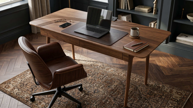 A Walnut version of the Terrace Desk with drawers furnishes a traditional-styled home office. The desk drawers are closed, but the terraces carved from the wood and the desktop power module are visible.