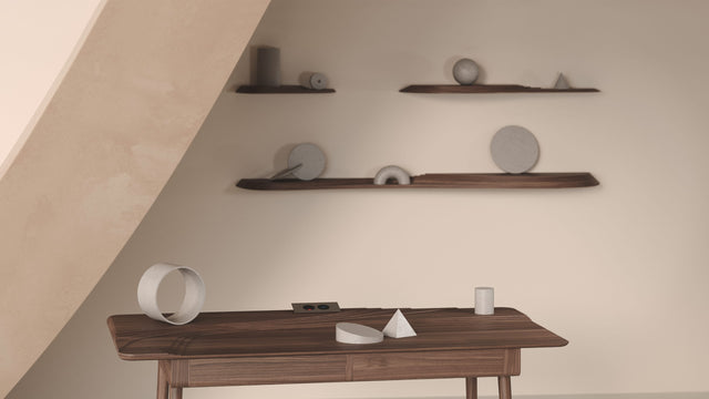 All 3 Terrace wall shelves and Terrace desk, all in solid Walnut. The sculpted surfaces make each piece functional art.