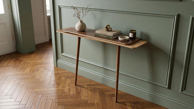 A sage green wall panelled hallway features a wooden Stacked console table on a herringbone wood floor. The console is made up of a Walnut top surface, Ash middle and Oak bottom, with two Walnut legs.