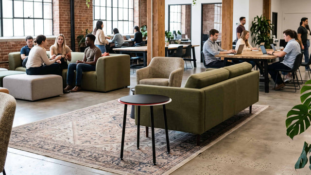A Stacked side table positioned next to a olive green sofa in a modern office lounge area. The table has a tabletop featuring a black top, red middle and white bottom, along with 4 black legs.