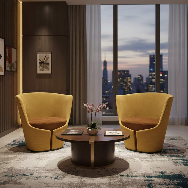 Two Dapper Armchairs in two-tone upholstery in a luxurious waiting space. 