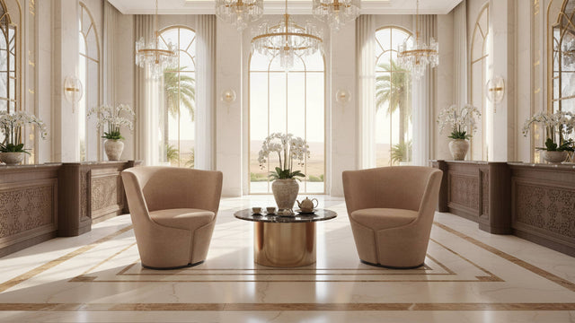 Two Dapper Armchairs in a nude shade in a tea room in an UAE hotel.