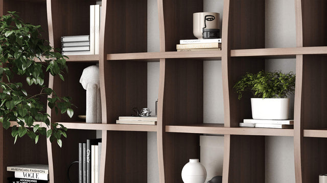 Close examination of the Weave bookcase reveals the interlacing of the vertical support and horizontal shelves.