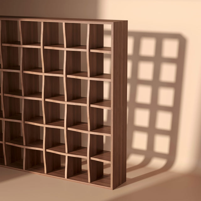 The Weave bookcase in sumptuous Black Walnut.